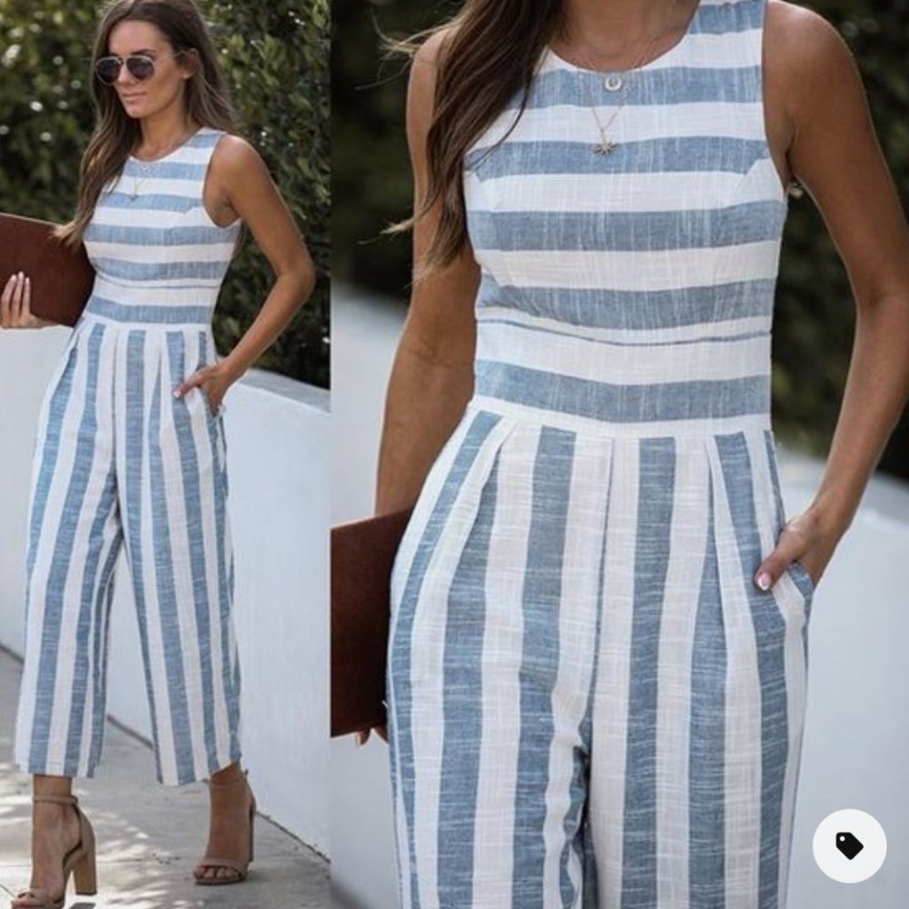 Blue/White Cotton + Linen Blend Jumpsuit